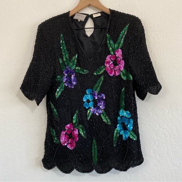 Stenay Vintage Women’s XL Fully Beaded Sequin Floral V Neck Top - Picture 1 of 6